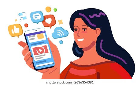 Smiling young woman interacting with smartphone. Social networking, chat, video, news, media, mobile web