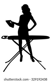 Smiling young woman ironing clothes at home