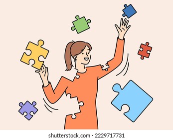 Smiling young woman join jigsaw rebuild personality. Happy female with puzzles look for pieces missing in body for identity recovery. Mental problem. Vector illustration. 