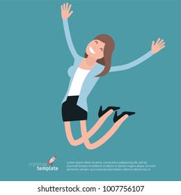 Smiling young woman jumping in air with raised hands. The concept for freedom and  win. Vector template.