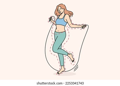 Smiling young woman jumping on jump rope losing weight. Happy toned girl follow healthy lifestyle workout with rope. Sport and training. Vector illustration. 