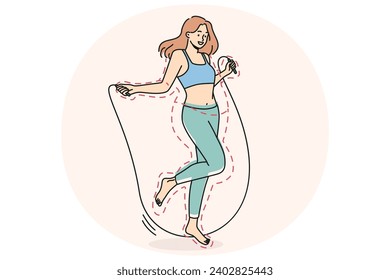 Joven sonriente saltando sobre cuerda de saltar perdiendo peso. Chica de tono feliz sigue un saludable entrenamiento de estilo de vida con cuerda. Deporte y formación. Ilustración vectorial.