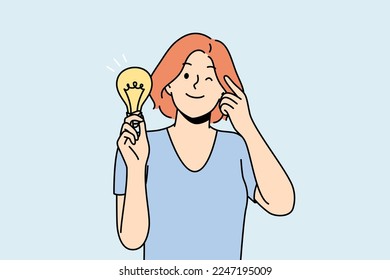 Smiling young woman with lightbulb in hand develop creative idea. Happy female with light bulb generate business thought or strategy. Innovation concept. Vector illustration. 