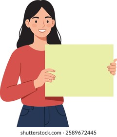 A smiling young woman with long dark hair stands confidently, holding a blank yellow sign, radiating positivity in a minimalist design style.