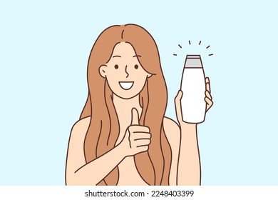 Smiling young woman with long healthy hair hold shampoo bottle recommend good beauty product. Happy female give recommendation to cosmetics. Vector illustration. 