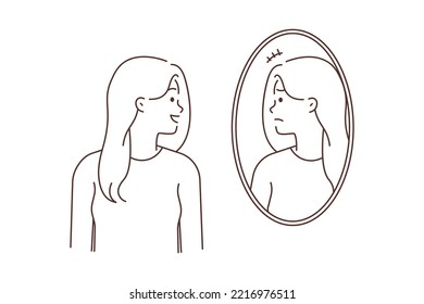 Smiling young woman look in mirror see unhappy upset face suffer from depression or mental problems. Girl with mood swings struggle with personality disorder. Vector illustration. 