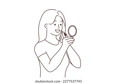 Smiling young woman look in mirror apply lipstick. Happy girl do makeup get ready with beauty products. Cosmetics concept. Vector illustration. 