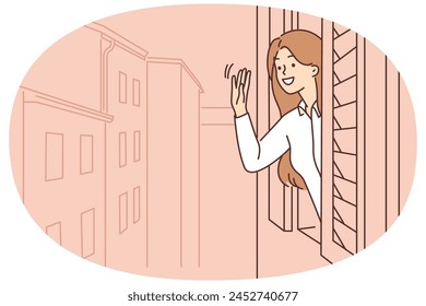 Smiling young woman look out of window waving. Happy female in apartment say hello greeting with someone on street. Vector illustration.