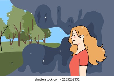 Smiling young woman look at world in optimistic positive light. Happy girl focus on good things ignore bad and negative. Stress free concept. Optimism and positivity. Vector illustration. 