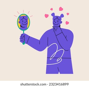 Smiling young woman looking at herself in mirror. Self-love and narcissism concept. Psychological problem. Colorful vector illustration
