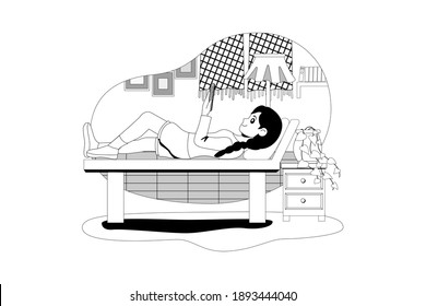 Smiling Young Woman Lying On Bed Listening To Music On Wireless Speaker