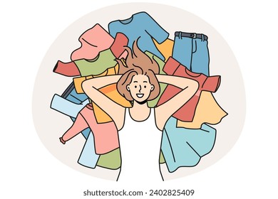 Smiling young woman lying on pile of clothes. Happy girl on stock of garment on floor. Consumerism and shopaholic concept. Vector illustration.