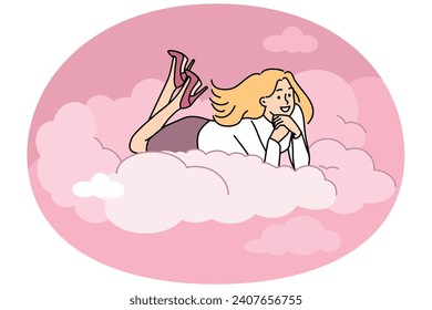 Smiling young woman lying on cloud dreaming or visualizing. Happy female up in air daydreaming or imagining future. Dreamer lifestyle. Vector illustration.