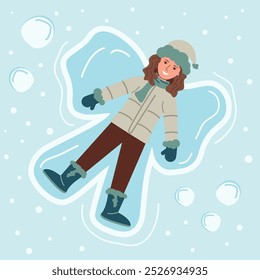 Smiling young woman lying on snow, making snow angel. Happy person having fun on winter holidays, vacation. Vector illustration of winter fun