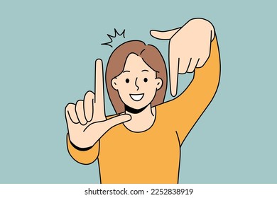 Smiling young woman make camera gesture with hands. Happy girl show taking snap sign. Photography and picture. Vector illustration.