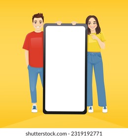 Smiling young woman and man near large blank phone screen full length. Happy group of friends standing with empty smartphone together vector illustration