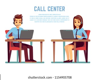 Smiling Young Woman And Man Operator With Headset Talking With Customer. Cartoon Characters For Call Center Concept. Vector Support Service, Online Telephone Consultant Illustration