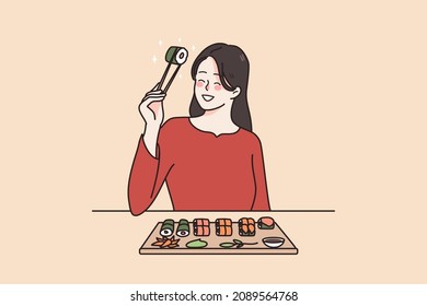 Smiling young woman in modern Japanese restaurant eating sushi with chopsticks. Happy girl enjoy delicious japan food in cafe. International traditional cuisine. Vector illustration. 