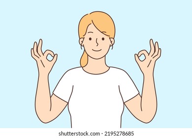 Smiling young woman with mudra hands mediating relieve negative emotions. Happy girl practice yoga engaged in stress relief technique. Vector illustration. 