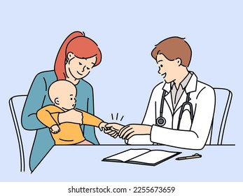 Smiling young woman with newborn baby at consultation with family doctor in hospital. Happy mother with child visit GP or therapist in clinic. Vector illustration. 