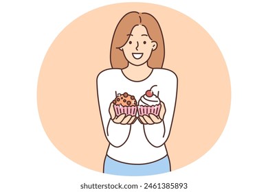 Smiling young woman offering tasty cupcakes. Happy girl give desserts recommend delicious sweet cakes. Food and nutrition. Vector illustration.