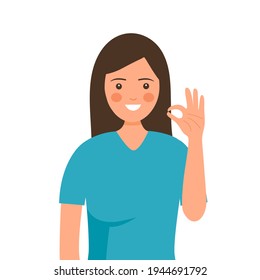 Smiling young woman with ok hand gesture in flat design on white background. Positive thinking concept.