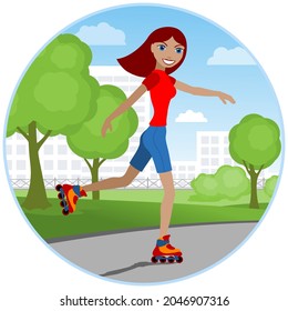 Smiling young woman on roller skates. Vector illustration.
