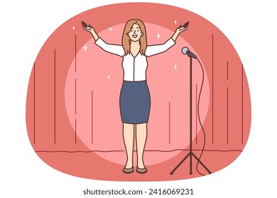 Smiling young woman on stage thanking for warm welcome. Happy female after performance in club feeling grateful for public. Vector illustration.