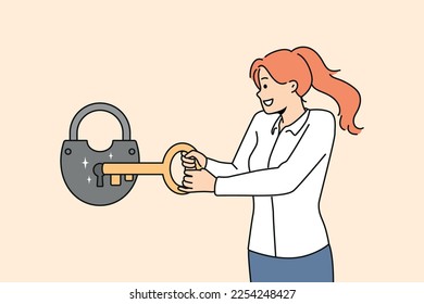 Smiling young woman open lock with huge key. Happy businesswoman use tool for padlock opening. Problem solution. Vector illustration. 