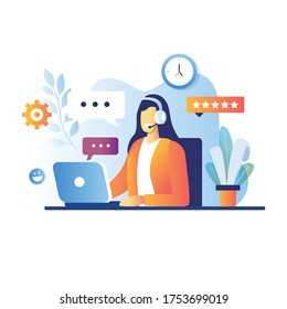 Smiling young woman operator with headset talking with customer. Cartoon characters for call center concept. Vector support service, online telephone consultant illustration