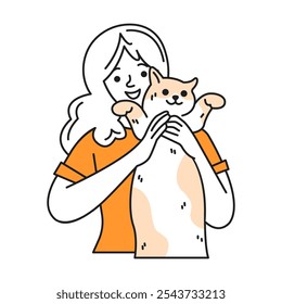 Smiling young woman in orange t-shirt holds cute cat color linear icon. Happy female reflects joy spending time with adorable pet doodle simple illustration