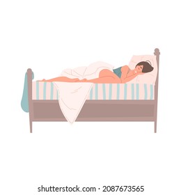 Smiling young woman in pajamas sleeping on comfortable bed covered by blanket relaxing at home vector flat illustration. Female resting at comfy bedroom at night under duvet isolated on white