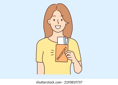 Smiling young woman with passport excited about journey. Happy female traveler or tourist with documents overjoyed with adventure. Travel and tourism. Vector illustration. 