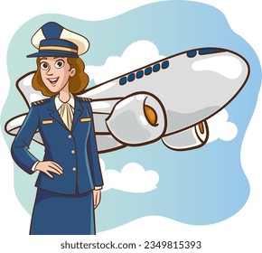 Smiling young woman pilot. Captain of passenger plane.