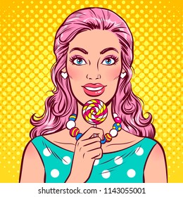 Smiling young woman with pink hair holding lollipop in hand. Pop art comic vector retro illustration. 