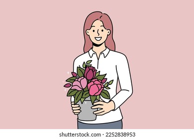 Smiling young woman with plant in hands. Happy female gardener or florist hold blooming houseplant. Flora and hobby concept. Vector illustration. 