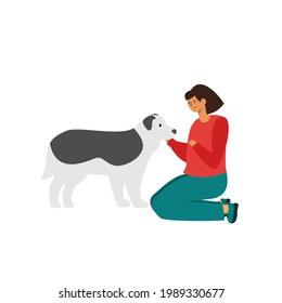 Smiling Young Woman Playing With A Dog, Illustration For A Pet Store Or Dog Kennel