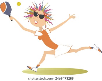 Smiling young woman playing pickleball. 
Cartoon woman in sunglasses plays pickleball. Isolated on white background
