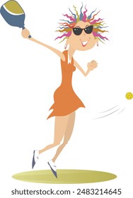 Smiling young woman playing pickleball. 
Young woman plays pickleball. Isolated on white background

