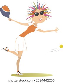 Smiling young woman playing pickleball. 
Young woman plays pickleball. Isolated on white background
