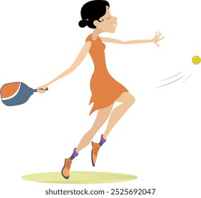 Smiling young woman playing pickleball. 
Young woman plays pickleball
