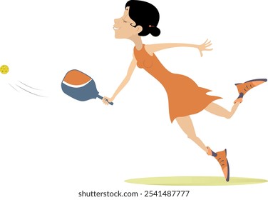 Smiling young woman playing pickleball. Young woman plays pickleball. Isolated on white background	
