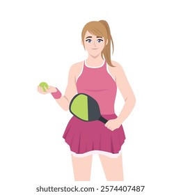 Smiling young woman playing pickleball. Flat vector Character Illustration