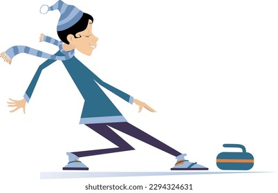 Smiling young woman plays curling. 
Young woman with a curling stone

