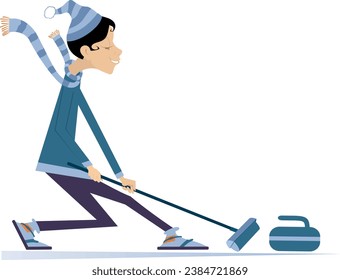 Smiling young woman plays curling. 
Winter sport. Young woman with a curling brush aiming a stone to a target
