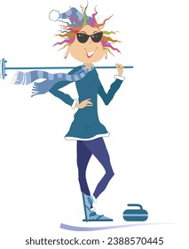 Smiling young woman plays curling.
Winter sport. Young smiling woman with a curling brush a curling stone
