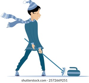 Smiling young woman plays curling. 
Winter sport. Young woman with a curling brush aiming a stone to a target
