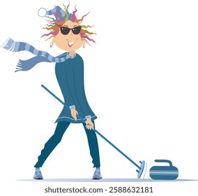 Smiling young woman plays curling. 
Winter sport. Young woman with a curling brush aiming a stone to a target
