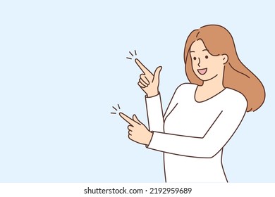 Smiling young woman point at blank space with discount or promotion. Happy female show copy space. Advertising concept. Vector illustration. 