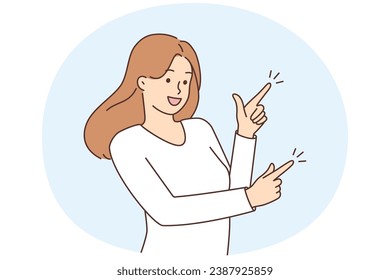 Smiling young woman point at blank space with discount or promotion. Happy female show copy space. Advertising concept. Vector illustration.